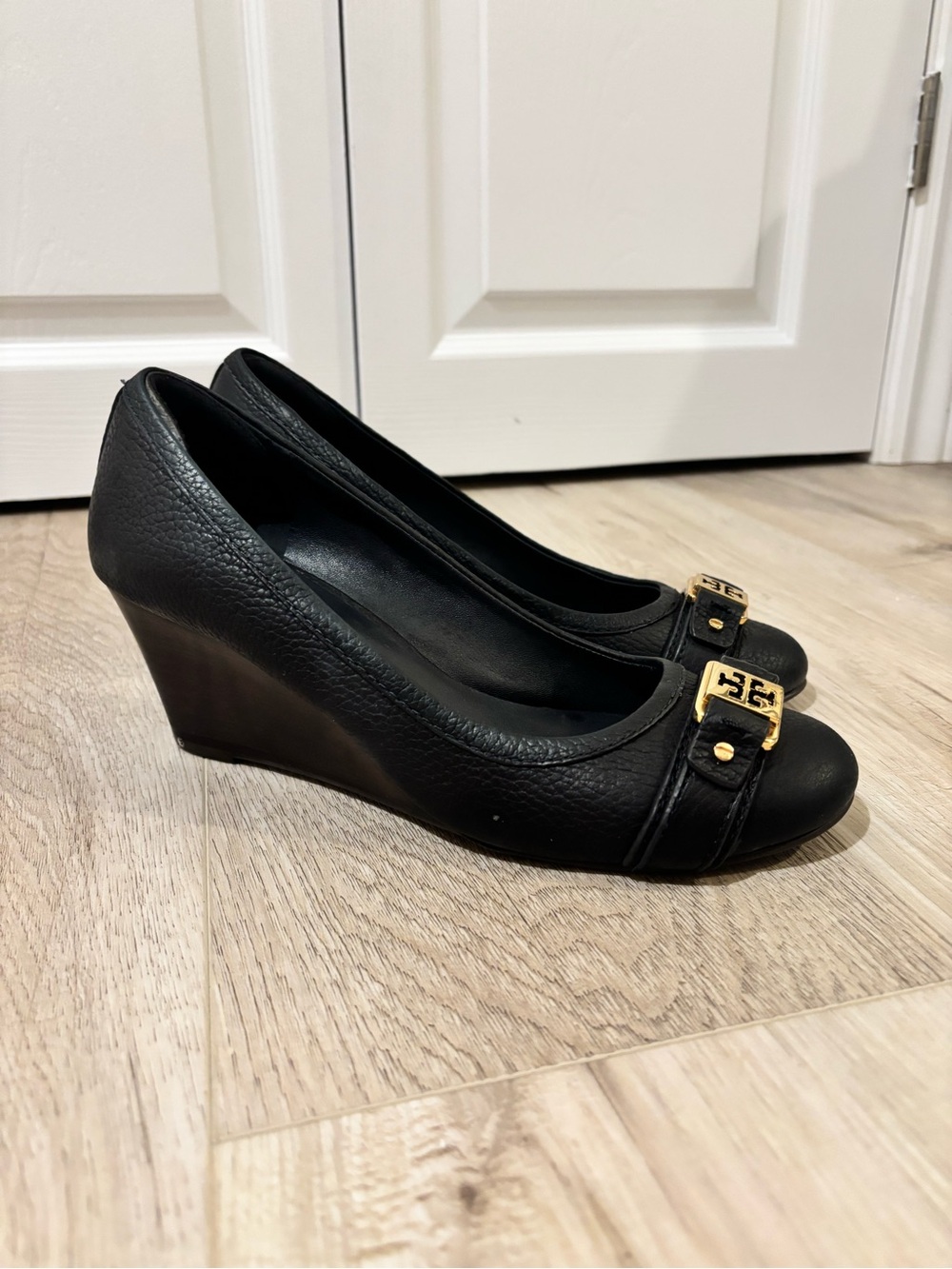 Tory Burch Navy Leather Wedge Pumps with Gold Logo Hardware